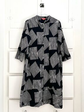 Yaza Black White Abstract Tunic Dress Pleated Cotton Lagenlook Artsy L
